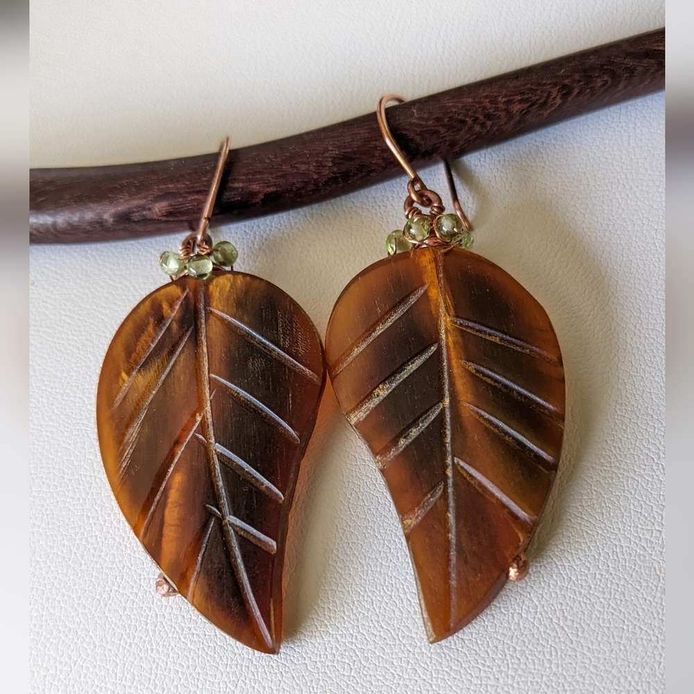 Artisan Autumn Leaf Earrings Carved Horn Hand Wrapped In Solid Copper - Picture 8 of 16